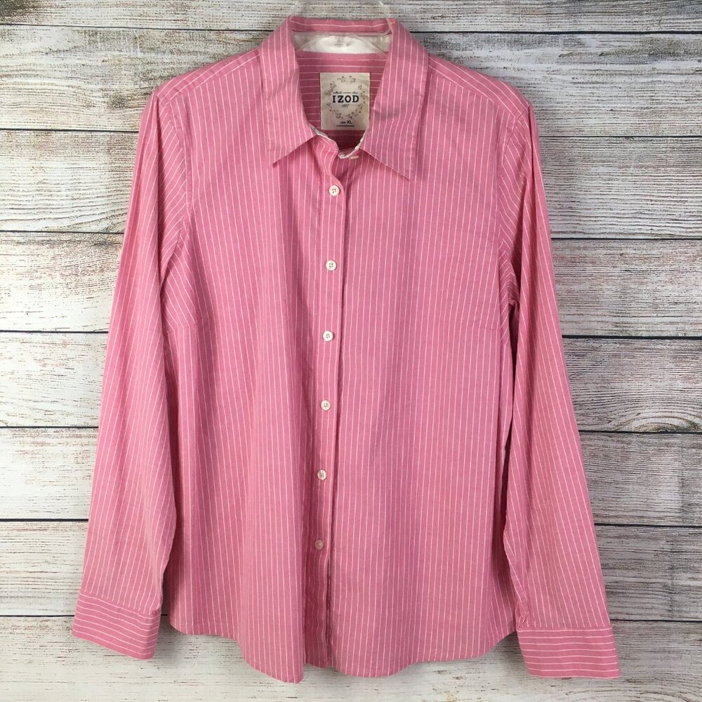 IZOD Button Front Striped Blouse Pink White Long Sleeve